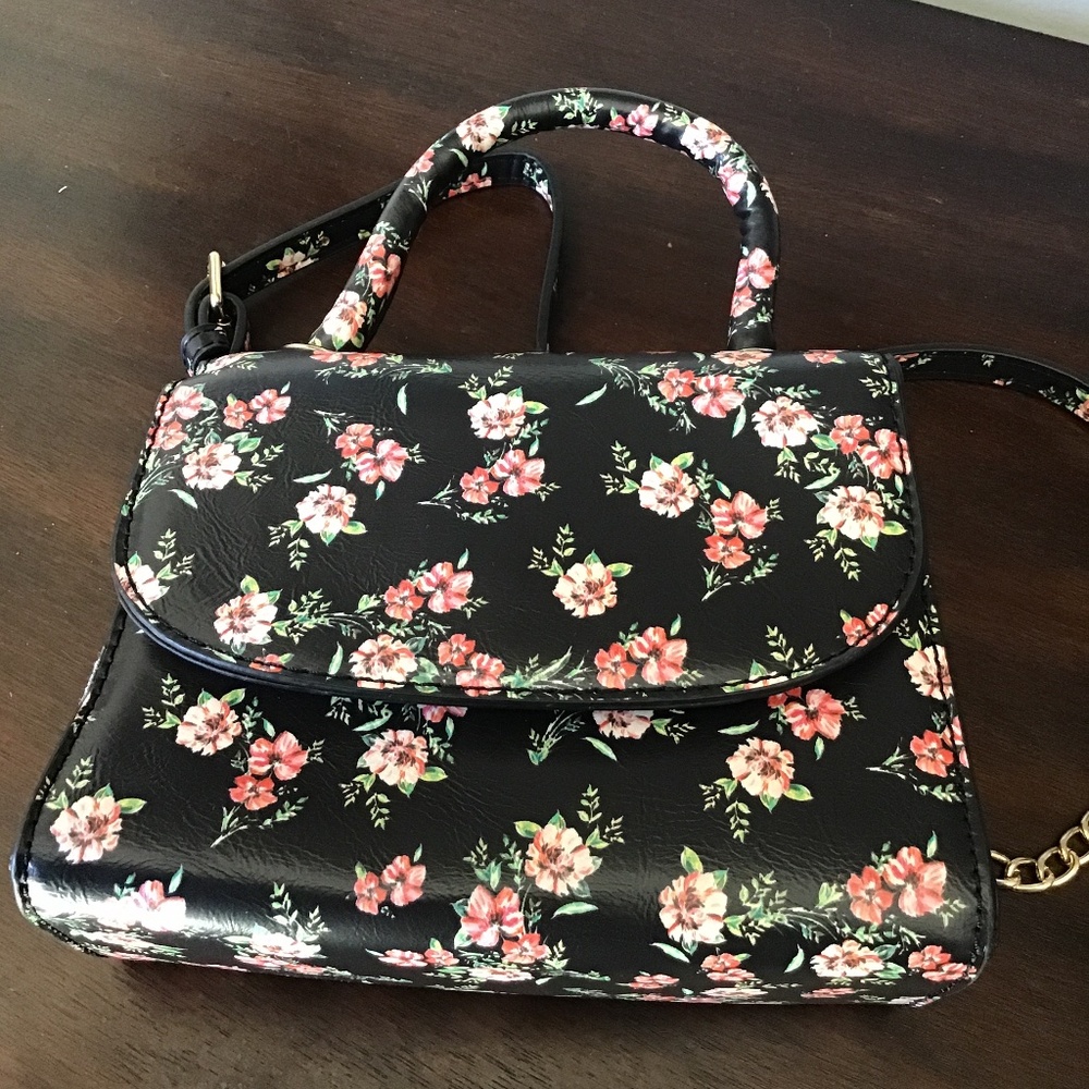 FAUX LEATHER FLORAL MINI TOP HANDLE BAG